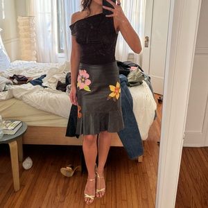 Vintage Moschino Brown Leather Floral Aplique skirt